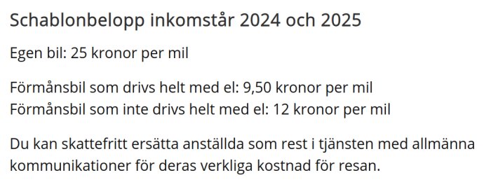 Schablonbelopp för bilersättning 2024-2025: egen bil 25 kr/mil, förmånsbil med el 9,50 kr/mil, förmånsbil utan el 12 kr/mil. Skattefri kompensation för resor.