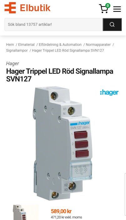 Hager Trippel LED röd signallampa SVN127 för normcentral, indikerar strömtillgång vid inkoppling av reservkraft.