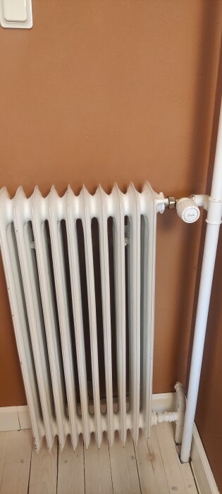 Vit gammal panelradiator i sovrum, placerad mot en brun vägg och stående på ett ljust trägolv, med termostat synlig på sida.