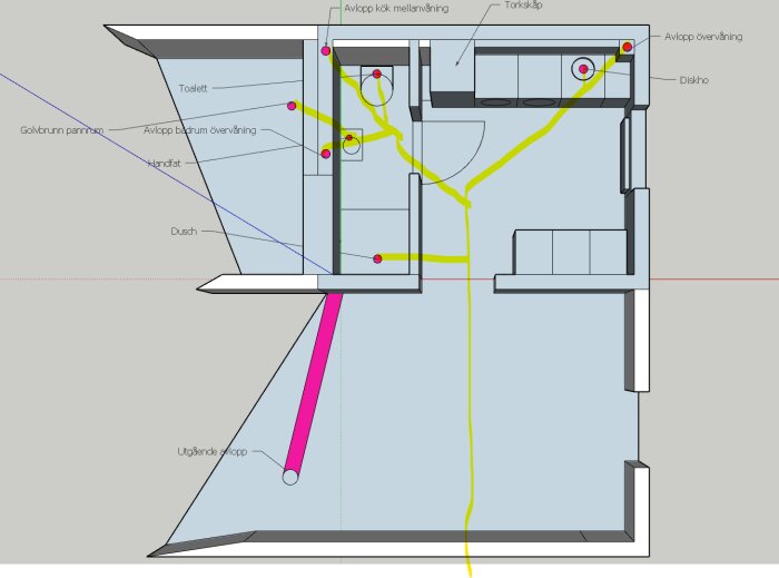 Ritning över ombyggnad av tvättstuga: visar placering av avlopp, toalett, dusch, handfat, diskho och golvbrunn. Färgade linjer indikerar rördragning.