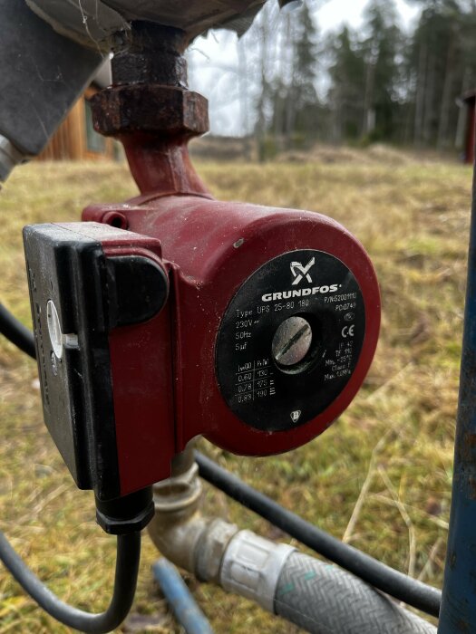 Röd Grundfos vattenpump ansluten till rör och slang, utomhusmiljö med gräs och träd i bakgrunden.