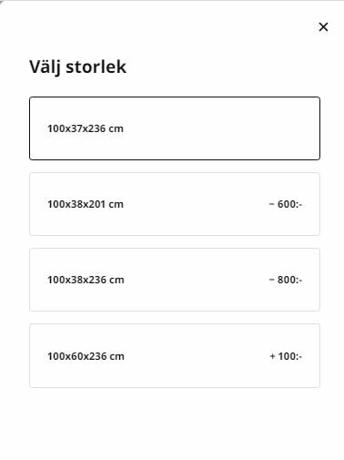 Välj storlek för IKEA PAX garderob: 100x37x236 cm, 100x38x201 cm (-600 kr), 100x38x236 cm (-800 kr), 100x60x236 cm (+100 kr).