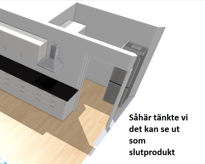 3D-ritning av kök med öppning till framtida skafferi, vitt och svart inredning, ljusa golv; text: "Såhär tänkte vi det kan se ut som slutprodukt".