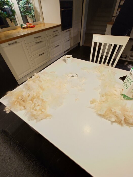 Kattpäls liggande utspridd på ett vitt köksbord efter att katten Bärra blivit klippt, med en kaffekopp och mjölkpaket vid sidan.