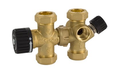 Guldfärgad ventil med flera in- och utlopp, identifierad som LK 548 AquaKit, med svarta vred.