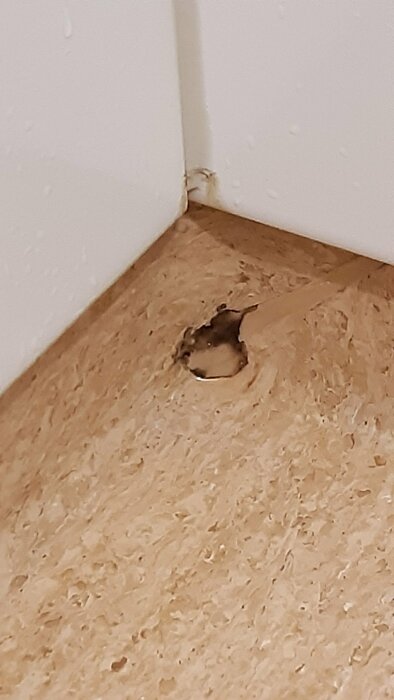 Svarta fläckar och missfärgningar i hörnen på ett ljust plastgolv i duschrummet.