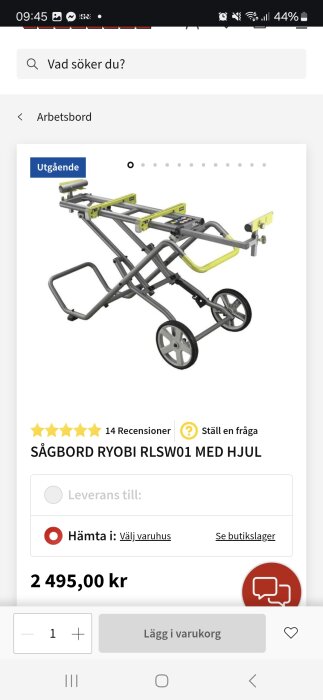 Sågbord Ryobi RLSW01 med hjul, märkt "Utgående", visas på en produktbild med priset 2 495,00 kr.