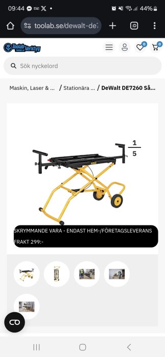 Sågbord Dewalt DE7260 med hjul och gul ram, visad på produktbild.