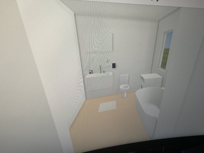 Digitalt ritad plan av ett badrum med badkar, toalett, handfat och fönster, skapad i ett webbläsarprogram för renoveringsändamål.