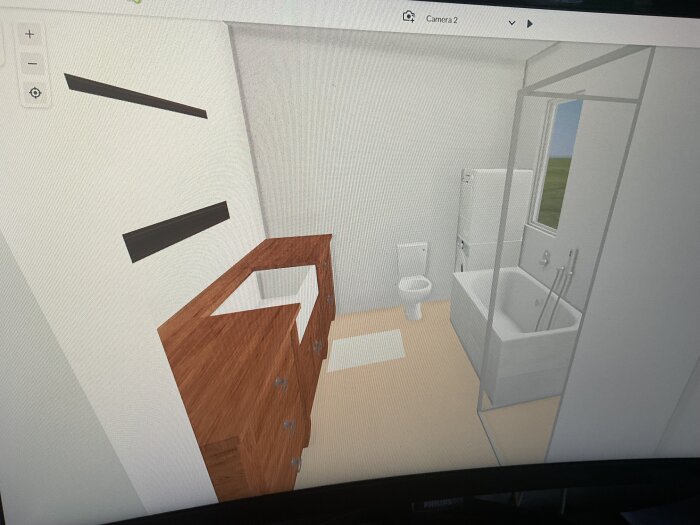 3D-ritning av ett badrum med toalett, badkar, tvättmaskin, torktumlare och träskåp med handfat.