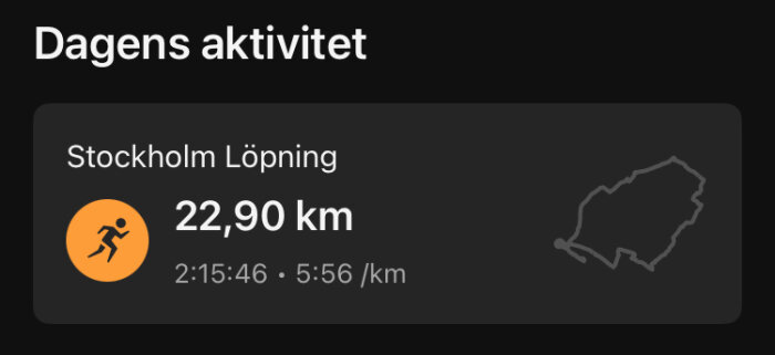 Löpningsaktivitet i Stockholm, 22,90 km på 2 timmar 15 minuter och 46 sekunder med ett tempo på 5:56 per km.