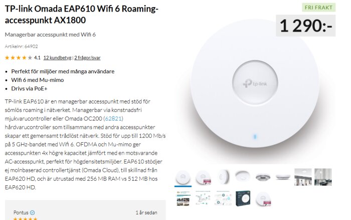 TP-link Omada EAP610 Wifi 6 accesspunkt med vit rund design och LED-indikator, används för trådlöst nätverk med stöd för PoE och Mu-mimo.