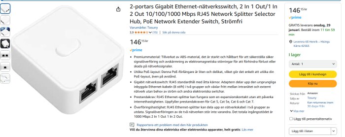 2-portars Gigabit Ethernet-nätverksswitch, vit med två RJ45-portar, visas på produktsida med specifikationer och pris.