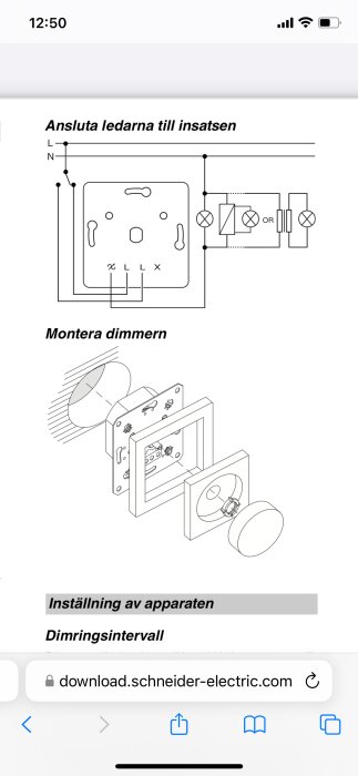 Diagram som visar kopplingsschema och montering av dimmer, med steg för anslutning av kablar och komponenter. Inget behov av nollkabel visas.