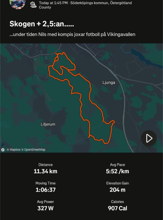 Karta över löprunda på 11,34 km runt Ljunga och Liljerum, med statistik såsom tempot 5:52/km, höjdskillnad 204 m och förbrukade kalorier 907.