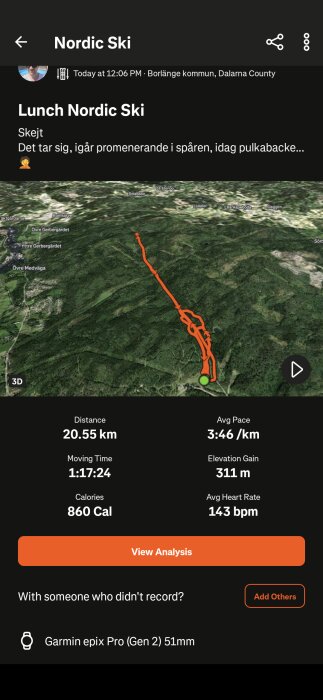 3D-karta över en längdskidåkningsrunda i Borlänge, visar spår i skogen. Text med statistik: 20.55 km distans, 860 kalorier, 1:17 tid, 311 m stigning.