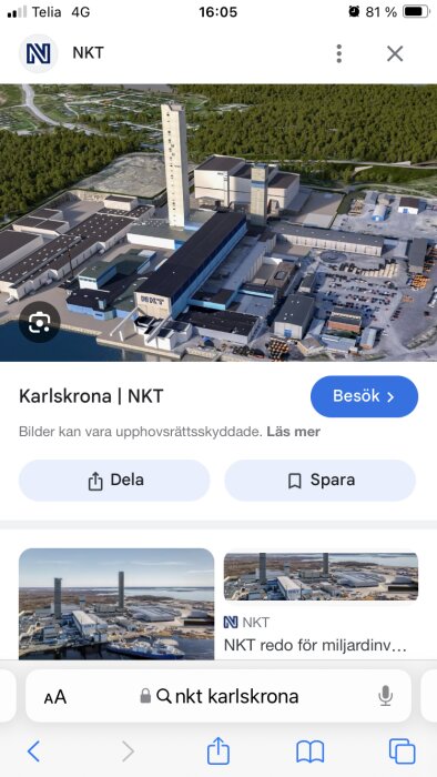 Flygfoto över ett industriområde med NKT-byggnader i Karlskrona, omgiven av skog och vägar.