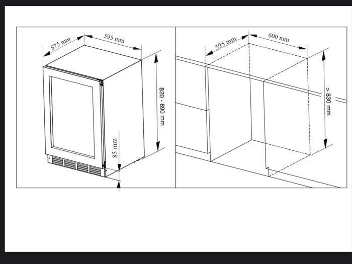 Ritning av vinkylens mått och installationsutrymme med angivna avstånd och dimensioner i millimeter.