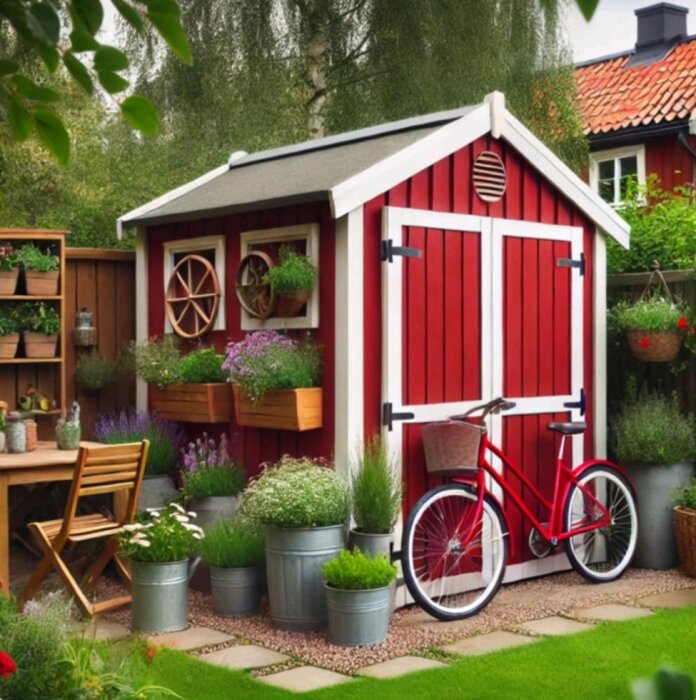 Rött skjul med vita knutar, omgiven av växter och blommor, en röd cykel framför, samt en trädgårdsställning med krukor och trädgårdsmöbler.