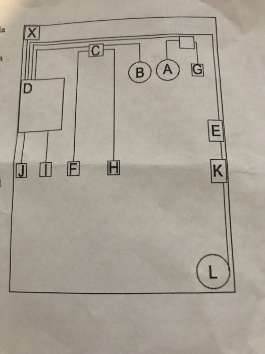 Elektrisk kopplingsschema med märken och bokstäver som visar trådar och komponenter för belysningssystem med brytare och impulsrelä i TN-S central.