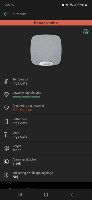 Skärmdump av en siren-app som visar status: Enheten är offline. Signalenhet Jeweller frikopplad, ingen datarapportering för temperatur och batterinivå.