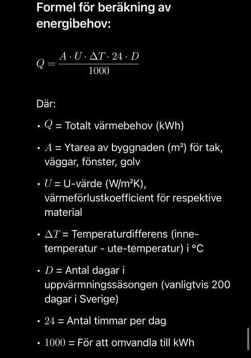 Formel för beräkning av energibehov med förklaringar för varje variabel såsom värmebehov, yta, U-värde, temperaturskillnad, och dagar per år.