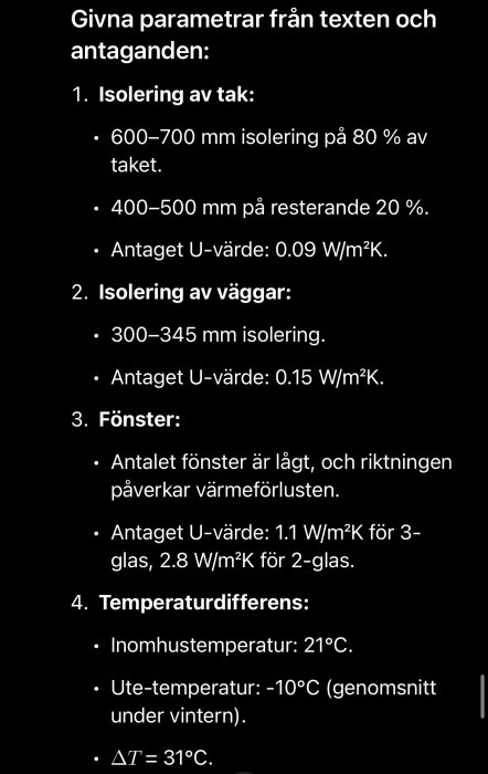 Parameterlistor för tak- och väggisolering, U-värden, fönster och temperaturskillnad för byggnadsberäkning.