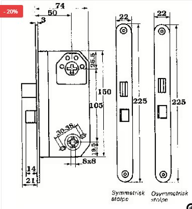 Ritning av ASSA låshus 8765 med mått och detaljer för både symmetrisk och osymmetrisk stolpe, utformad för dörrinstallation.