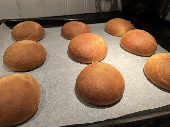 Nybakade semmelbullar utan pensling ligger på en bakplåtspappersklädd plåt, redo för florsocker och fyllning.