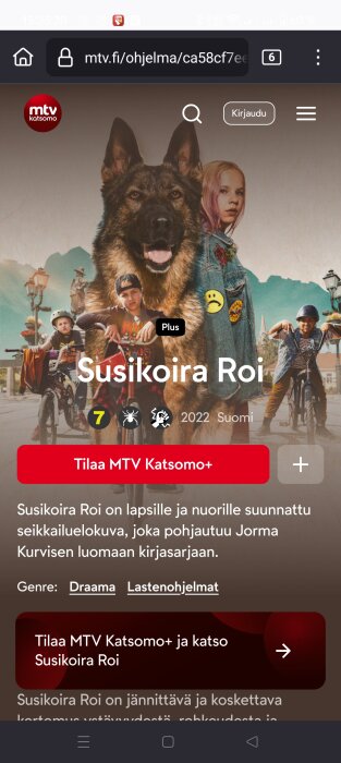 Affisch för filmen "Susikoira Roi" med barn, cyklar och en stor hund i förgrunden; finns på MTV Katsomo.