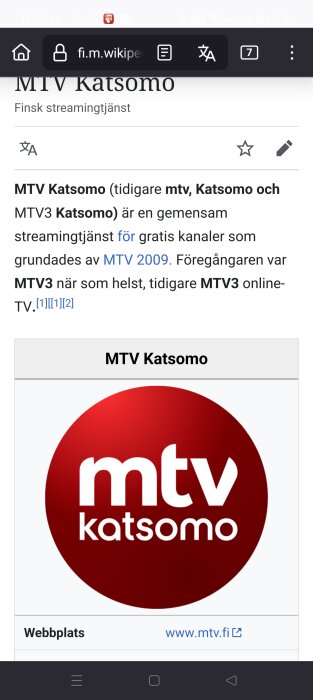 Skärmdump av Wikipedia-sidan för MTV Katsomo, en finsk streamingtjänst, med dess logotyp i röd och vit färg nederst i bilden.