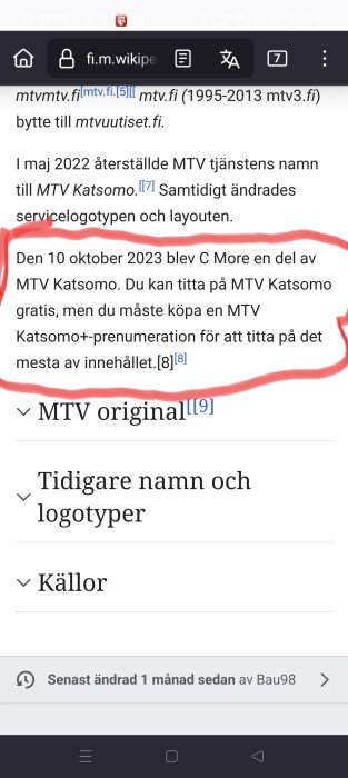 Skärmdump från Wikipedia visar text redigerad med röd markör om att C More blev del av MTV Katsomo den 10 oktober 2023.