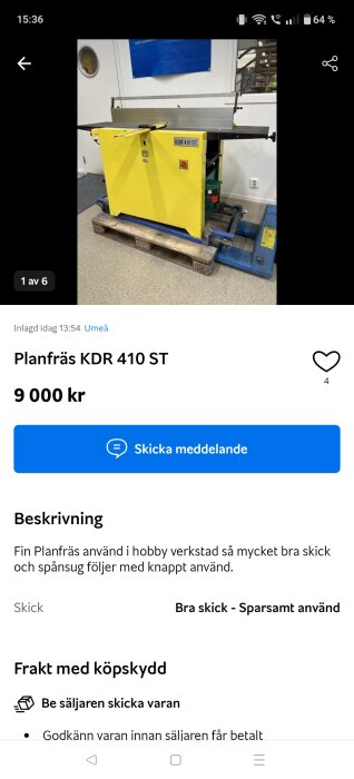 Gul planfräs KDR 410 ST på träpall i en verkstadsmiljö.
