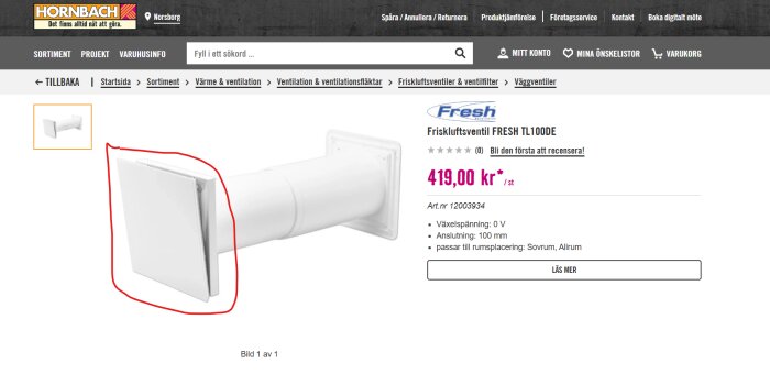 Friskluftsventil Fresh TL100DE i vit färg på Hornbachs produktsida, utrustad med anslutning på 100 mm, markerad med röd cirkel.