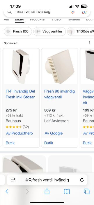 Invändiga väggventiler från Bauhaus och Leif Arvidsson visas med priser och betyg. Produkten söks via Google.