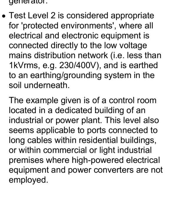 Textdetaljer om "Test Level 2" för elektrisk utrustning ansluten till lågspänning och jordad.