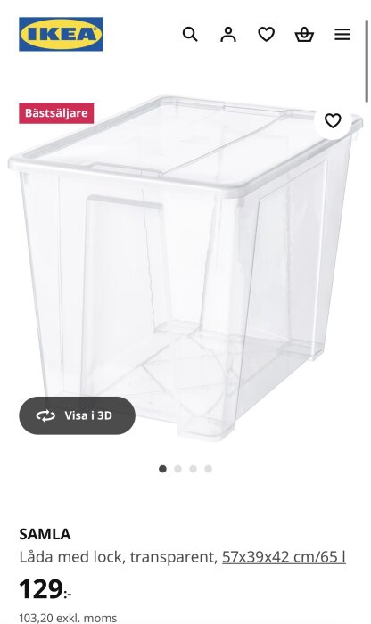 Transparent IKEA SAMLA plastlåda med lock, mått 57x39x42 cm, kapacitet 65 liter.