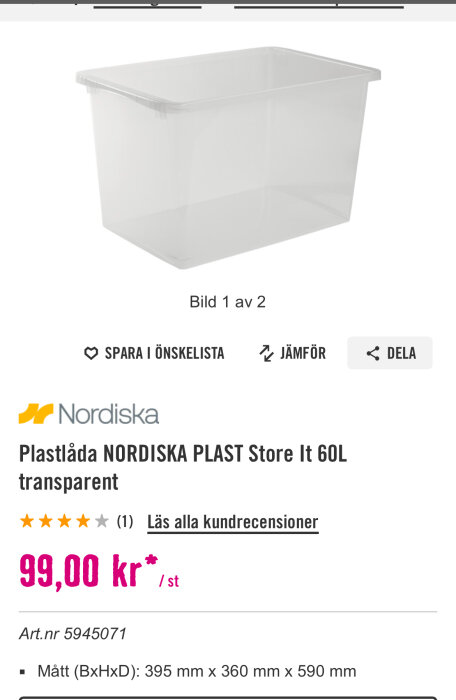 Transparent plastlåda, NORDISKA PLAST Store It 60L, med måtten 395x360x590 mm. Produktpris 99 kr.