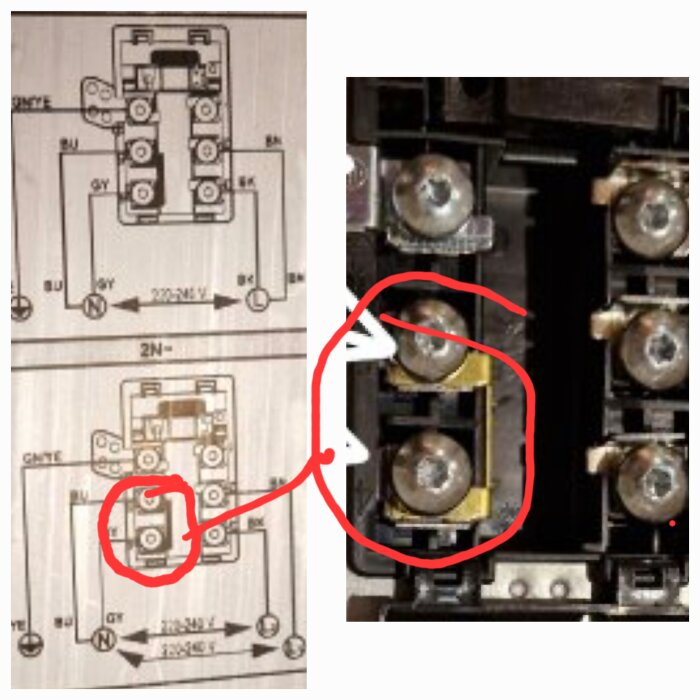 Närbild av kopplingsschema jämfört med inkopplad strömbrytare, med röda markeringar för att visa byglade plintar.