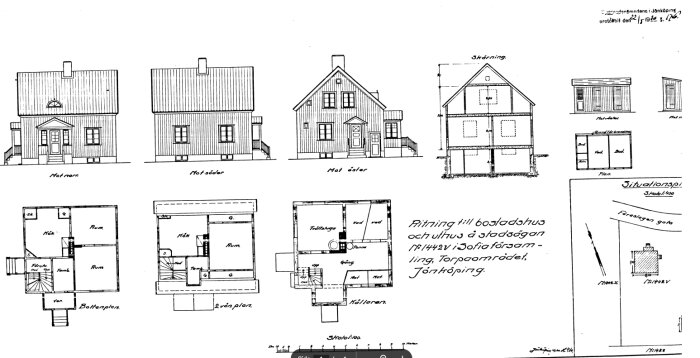 Arkitekturritning av hus från flera vinklar med planlösningar för bottenvåning och andra våningen, samt sektioner och situationsplan.
