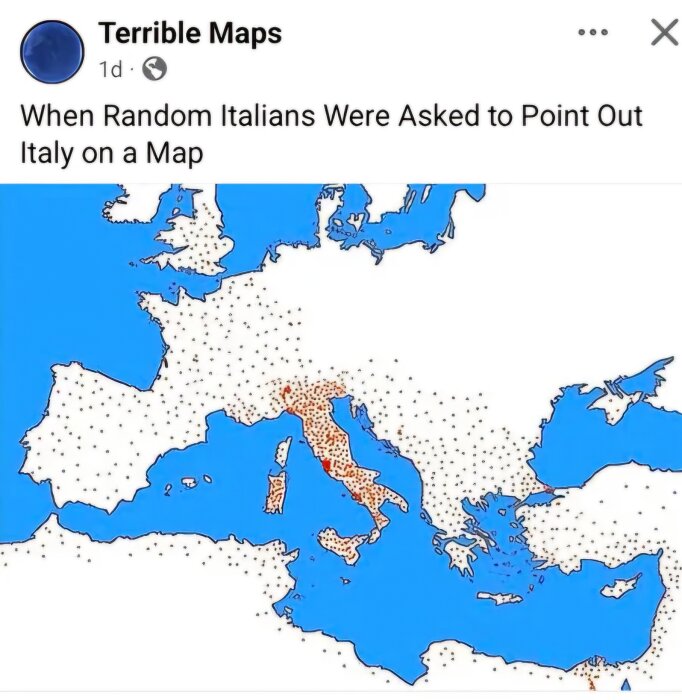Karta över Europa med prickar markerade runt Italien som exempel på "när slumpmässiga italienare ombads peka ut Italien på en karta".