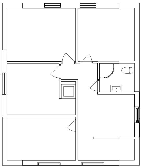 Planritning för övervåning med fyra rum, två fönster och badrum.