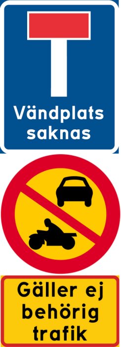 Vägskyltar: "Vändplats saknas", förbud mot motorfordon, och "Gäller ej behörig trafik".