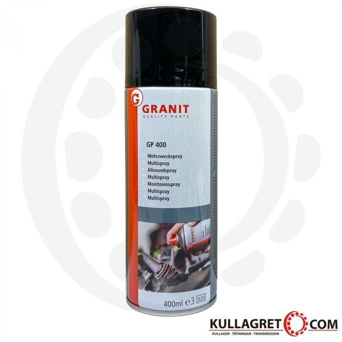 Sprayburk från Granit Quality Parts, GP 400 Multispray, 400 ml, med svart lock och etikett på tyska, engelska, franska, svenska och finska.