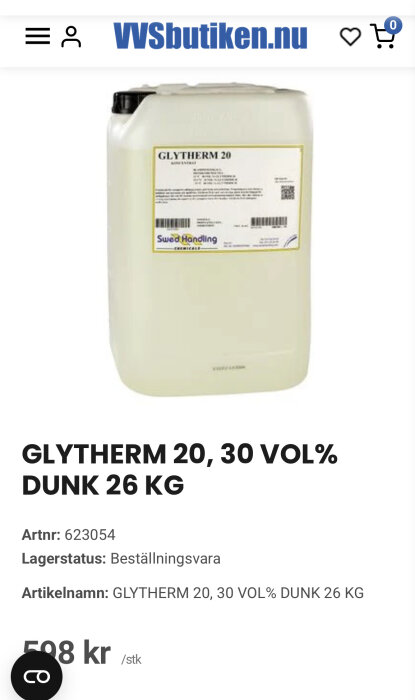 Kanna med Glytherm 20, 30 Vol %, 26 kg, från Swed Handling. Artnr: 623054, pris: 508 kr/stk, visas på webbplatsen WSbutiken.nu.