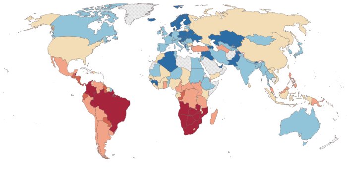 Världskarta som visar Gini-index för inkomst med färgskala från mörkblå (minst skillnad) till mörkröd (störst skillnad) per land.