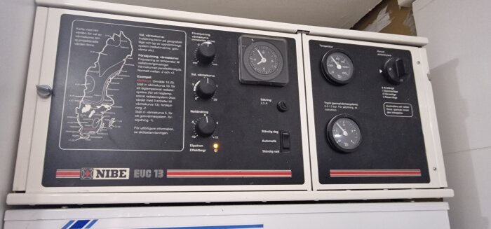 Kontrollpanel på NIBE elpanna med vridknappar och mätare för inställning av värmekurva och temperatur.