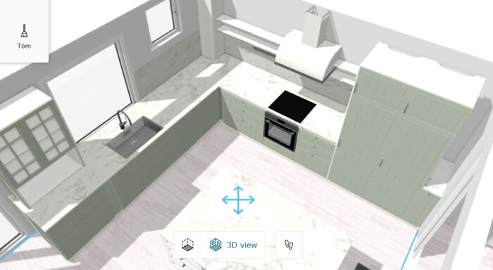 3D-ritning av ett kök med grön köksinredning, bänkskiva i marmor och diskho under fönster; spis och fläkt synliga.