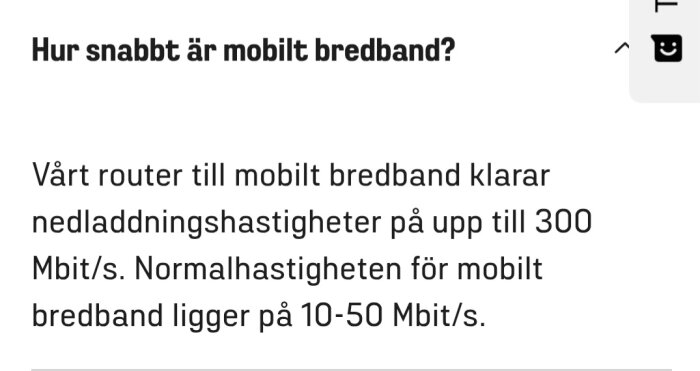 Text om mobilt bredband med rubriken "Hur snabbt är mobilt bredband?" och information om hastigheter från 10-300 Mbit/s.