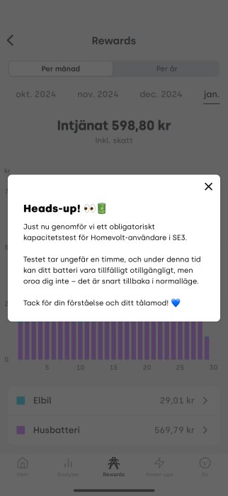 Skärmbild av intjänade belöningar på 598,80 kr för januari och notis om kapacitetstest för Homevolt-användare, med tillfälligt otillgängligt batteri.